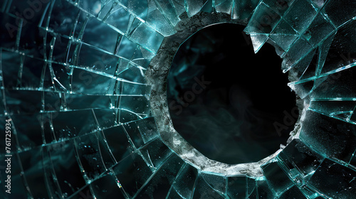 Broken glass on dark background with hole, close up photo