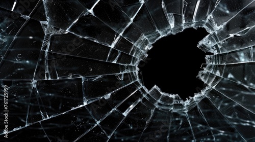Broken glass on dark background with hole, close up photo photo