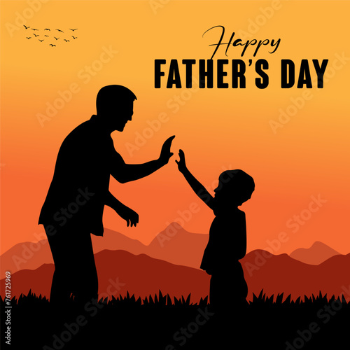 Happy Fathers day dad and son beautiful silhouette sunset scene poster design vector illustration.