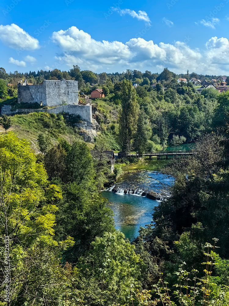 Landscape of Korana river canyon and beautiful village of Rastoke near Slunj in Croatia, old water mills on waterfalls, beautiful countryside