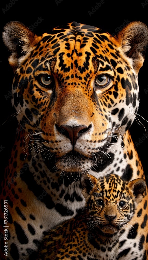 Male jaguar and cub portrait with text space, object on right side, ideal for adding captions Male jaguar and cub portrait with text space, object on right side, ideal for adding captions