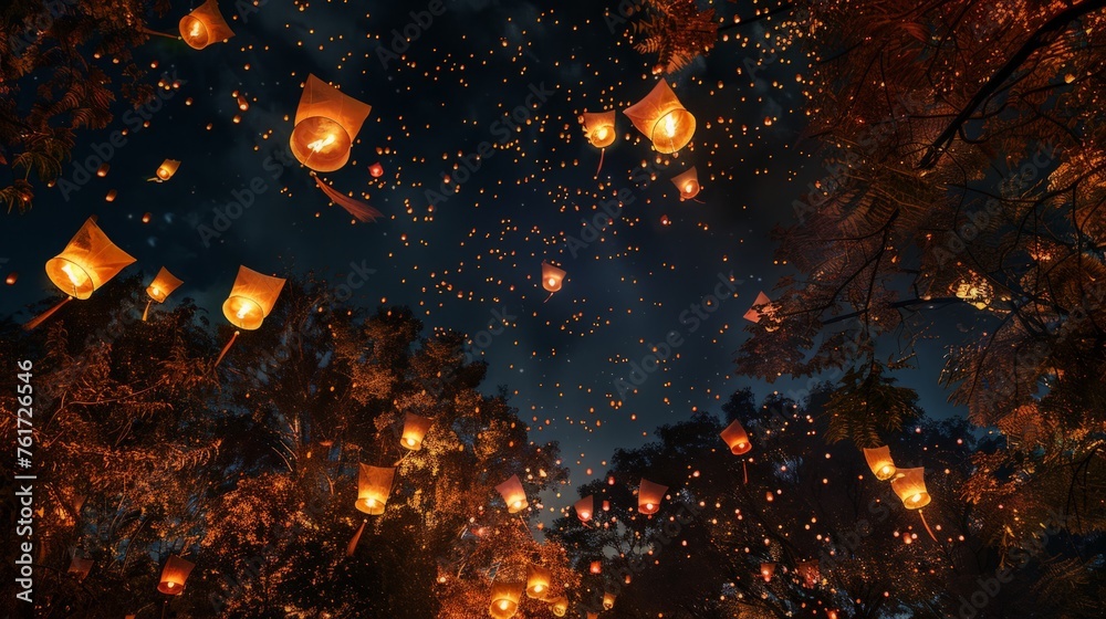Numerous lanterns float in the air, casting a warm glow as they illuminate the dark night sky.