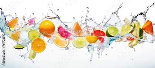An artistic illustration depicts a variety of fruits splashing into a stream of water, with intricate details in each fruit, tree branches, and liquid movement
