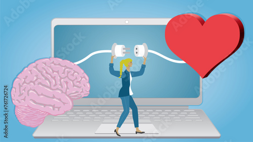 Woman connecting brain and heart. Standing on laptop. Empathy, locical thinking and social skills online and in development. Dimension16:9. Vector illustration.