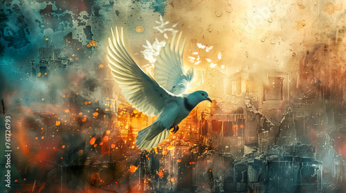 Majestic dove flying through surreal cityscape