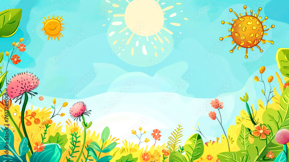 Whimsical springtime landscape with vibrant flowers