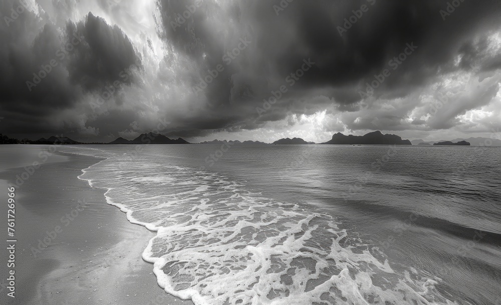 Black and white seascape with dark clouds over the sea, sand beach and distant islands Generative AI