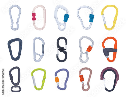A set of climbing carabiners. Safety equipment for high-altitude climbers. Metal and plastic carabiners. Vector illustration