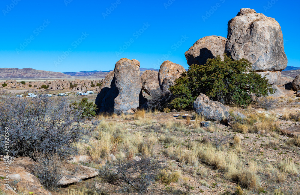 Amazing Rock formations from weathered petrified sedimentary rocks in a rock desert in Rocks State Park, New Mexico