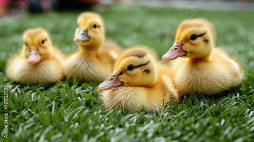 innocence of nature with our closeup image of cute fluffy ducklings on artificial grass against a blurred background. Adorable!