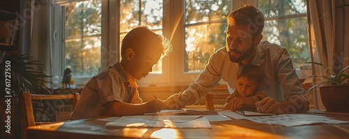 Man helping his two little son with homework at home
