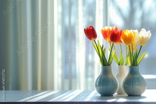 Glass vase with multi-colored tulips in sunlight on the window. Soft morning light bathes the vase of tulip flowers, creating a serene atmosphere.