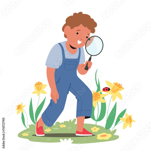 Kid Learning Bugs On Vibrant Field Through Magnifier Discovering The Wonders Of Spring Nature. Boy Engaging Springtime