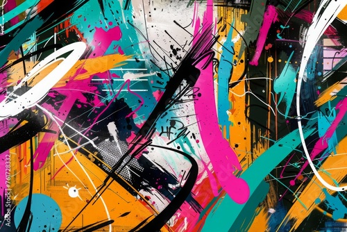 Vibrant abstract graffiti-style artwork with splashes of bold colors, brushstrokes, and chaotic energy. Concept of street art, creativity, and urban expression.
 photo