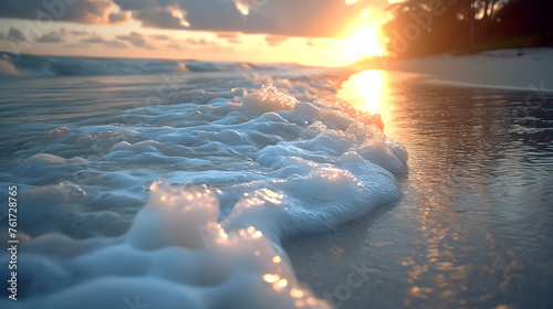 Close-up view of sunset sea water at sand beach. Summer tropical vacation concept.