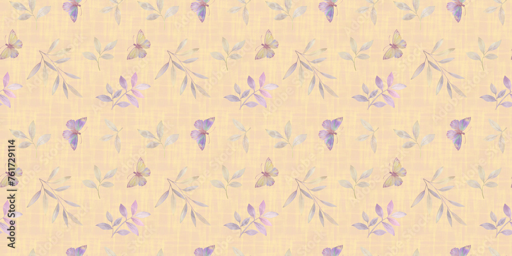 Seamless pattern with watercolor butterflies, branches and leaves