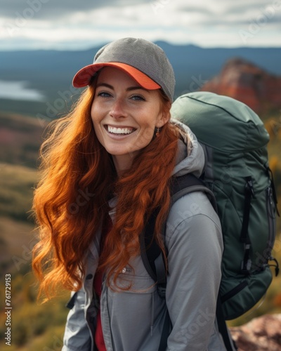 Carefree Young Adventurer with Backpack Enjoying the Autumn Mountains © Darya
