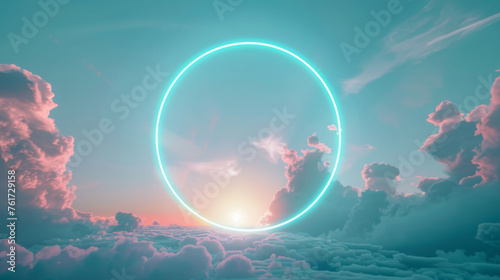 A neon glowing circle is in the sky above a cloudy blue sky, abstract background