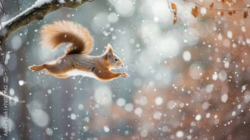 A squirrel is seen in mid-air, close to a tree, as it navigates through the environment.