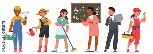 Kids Various Professions Concept. Boys and Girls Characters Imagine themselves as a Construction Painter, Gardener, Maid
