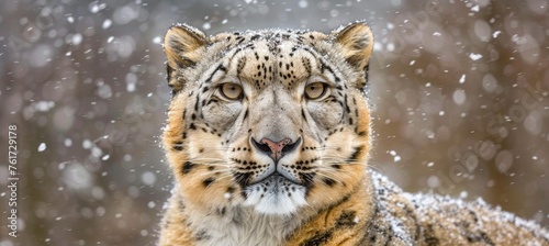 Snow leopard skillfully camouflaged in the tranquil snowy mountainous environment