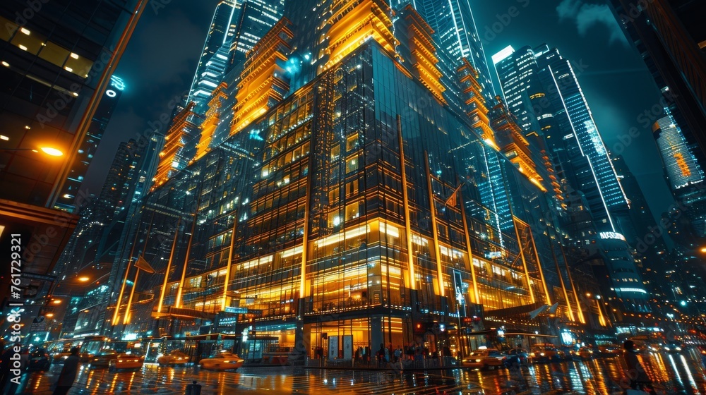 City Street at Night With Tall Buildings