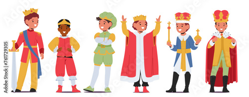 Little Boys In Prince Or King Costumes Radiate Regal Charm, Adorned In Velvet Capes, Golden Crowns And Scepters