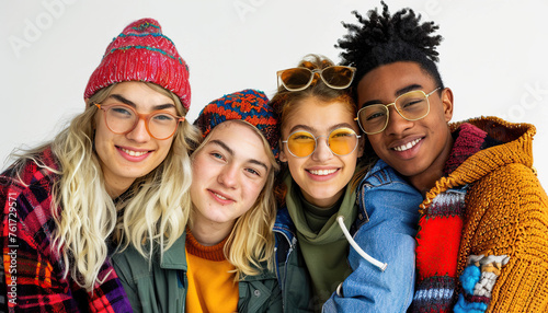 Four Young Happy People in Cool Clothing  Representing Diversity. White Background. Winter Hat.