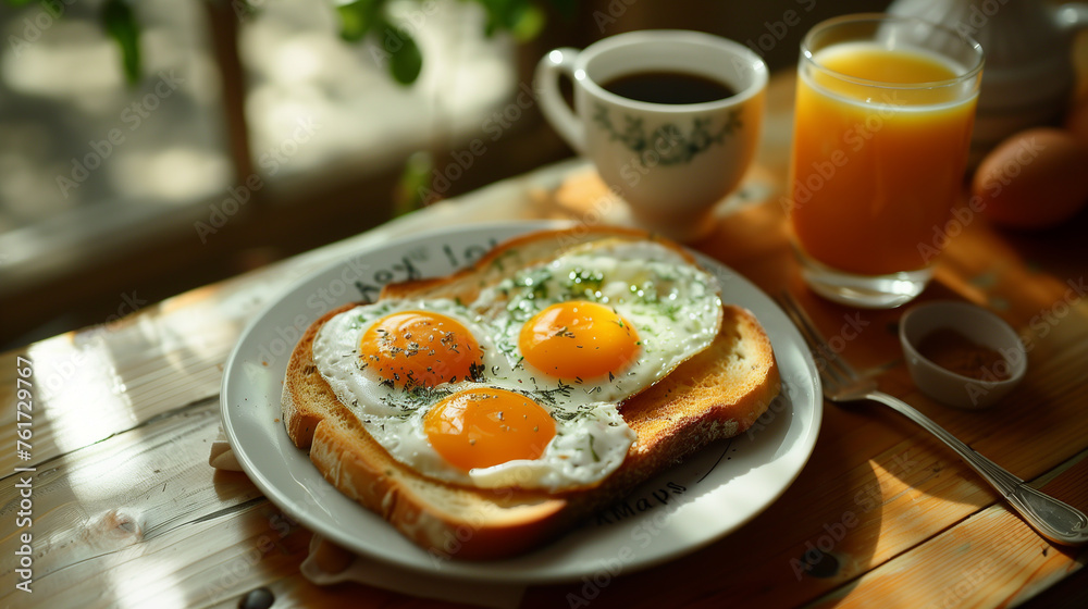 Breakfast spread with coffee toast eggs and juice