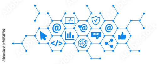 Email marketing vector illustration. Concept with connected icons related to e-mail communication strategy, e mail marketing software or tool, electronic communication or newsletter. 