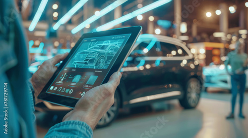 Car dealer holding tablet with 3d hologram photo
