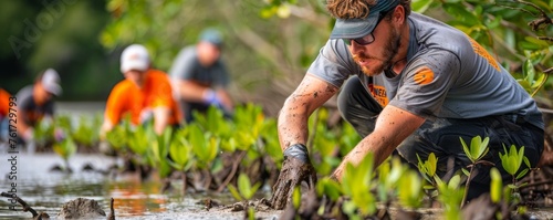 Coastal reforestation project volunteers plant mangrove trees to prevent erosion photo