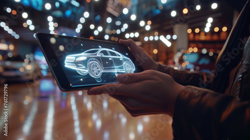 Car dealer holding tablet with 3d hologram
