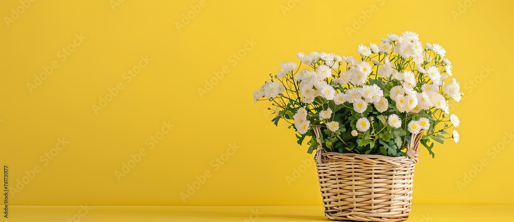 Wooden basket with flowering summer field daisies and violet wildflowers isolated on yellow background. AI generated illustration