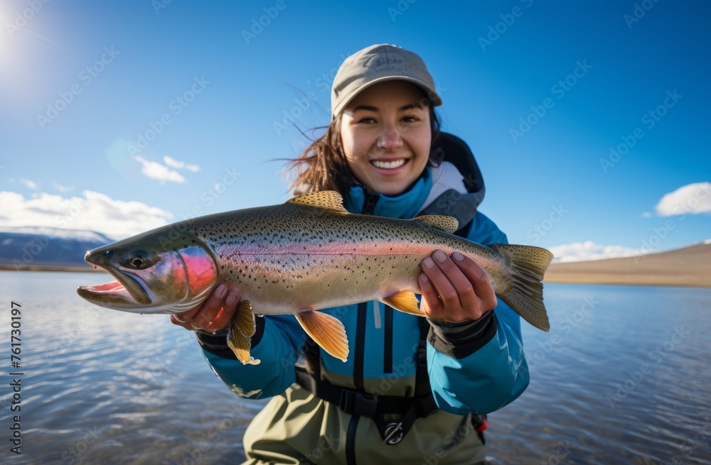 Joyful Female Angler Holding a Fresh Catch on a Serene Lake Joyful Female Angler Holding a Fresh Catch on a Serene Lake