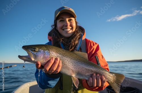Joyful Female Angler Holding a Fresh Catch on a Serene Lake