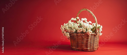 White flowers in wooden basket on red spring background. AI generated illustration