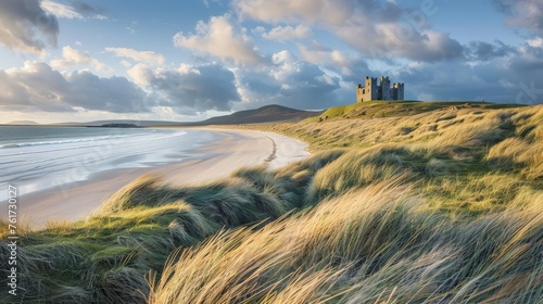 A castle sits atop a hill overlooking the ocean, with waves crashing against the rocky shore.