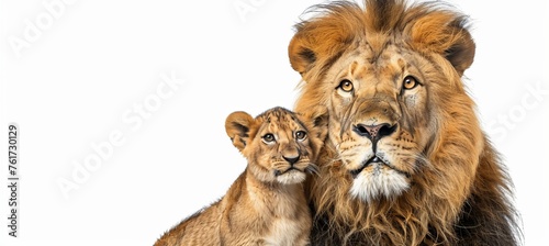 Male lion and cub portrait, space for text, object on right, room for more content