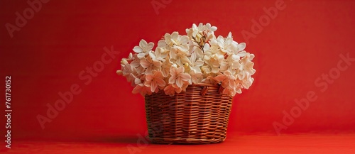 White flowers in wooden basket on red spring background. AI generated illustration