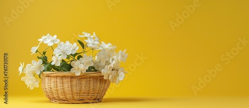 Wooden basket with flowering summer field daisies and violet wildflowers isolated on yellow background. AI generated illustration © Gulafshan