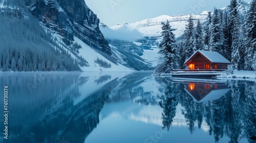 A cabin sits on the edge of a frozen lake, with snow-covered mountains towering in the background under a gray sky.