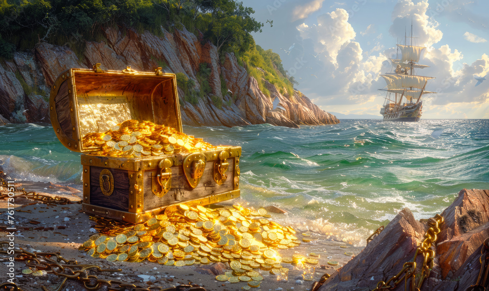 Obraz premium Pirate treasure chest on the coast of tropical island with pirate ship in distance