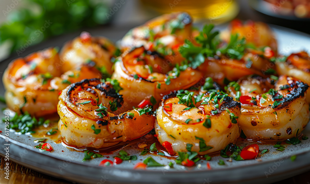 Grilled shrimps served with fresh herbs and spices on plate