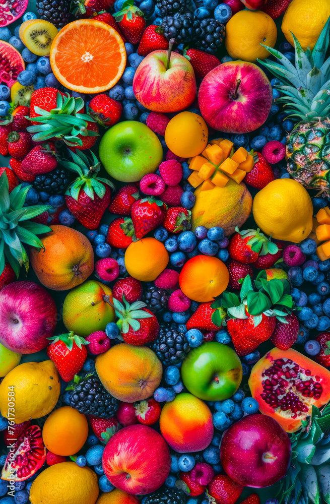 Fresh fruits and berries like strawberries blueberries apples oranges and pineapples are displayed in colorful background. Fresh fruits and berries like strawberries blueberries apples oranges and pineapples are displayed in colorful background.