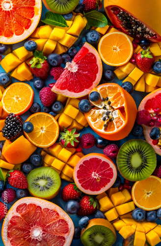 Colorful composition of fresh fruits on blue background