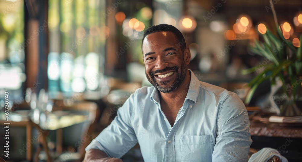 Fototapeta premium A man with a smile on his face sitting at a table inside a restaurant.