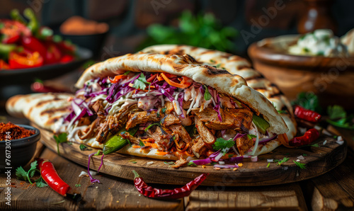 Traditional Adana Kebap with grilled meat tomato and salad on wooden background