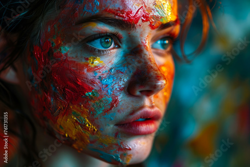 Portrait of young woman with colorful make-up and bodyart