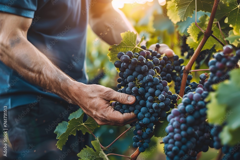 Closeup of Hands Holding Purple Grapes in Vineyard During Golden Hour